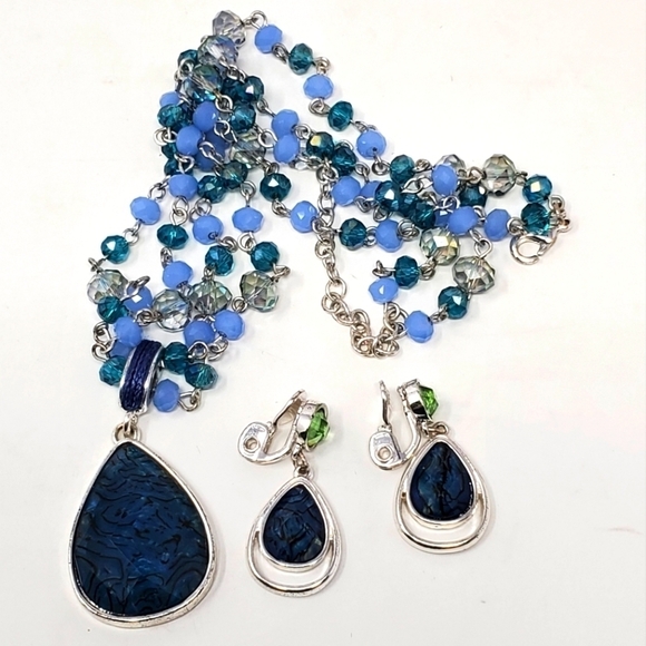 NAPIER DEMI PARURE NECKLACE CLIP ON EARRINGS SILVER BLUE GREEN FAUX STONE BEADS - Picture 1 of 16